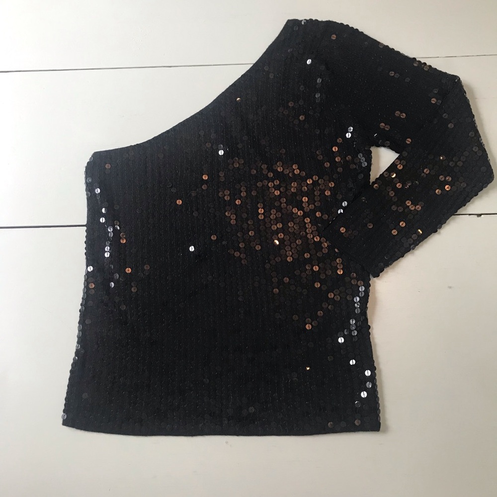 Club Monaco Black Sequin One-Shoulder Top